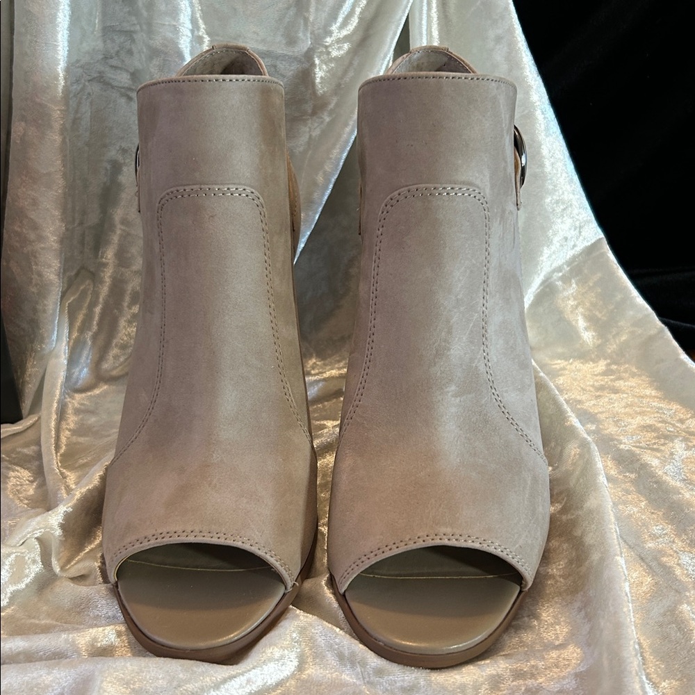 Vince Camuto Taupe Suede Open-Toe Stacked Heel Booties - Picture 6 of 11
